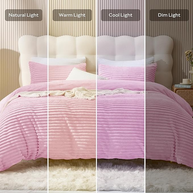 JELLYMONI Plush Duvet Cover Set - Queen Size Pink Striped Fluffy Comforter Cover 3pcs Bedding Set Luxury Ultra Soft Faux Fur Duvet Cover with Zipper and 2 Pillowcases (NO Comforter)