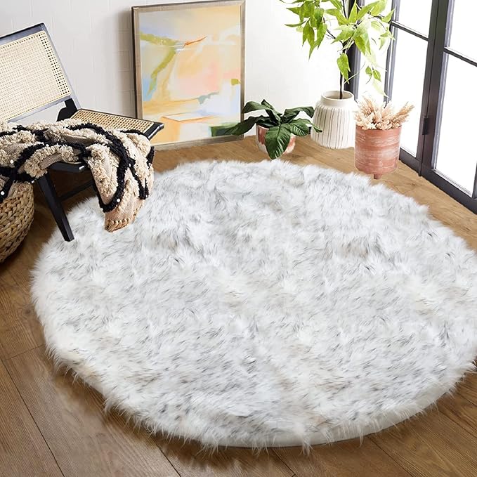 White and Grey Round Rugs 6ft Circle Furry Rug for Living Room Washable Shag Faux Sheepskin Fluffy Fur Rugs for Bedroom Nursery Rug