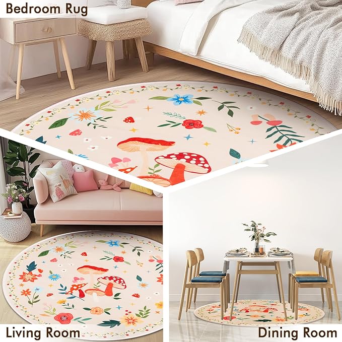 4' Machine Washable Round Area Rug, Non-Slip Vintage Floral Circle Floor Rugs for Kids, Low Pile Room Carpet for Living Room, Bedroom, Dining Room & Nursery(4' Beige Mushroom)