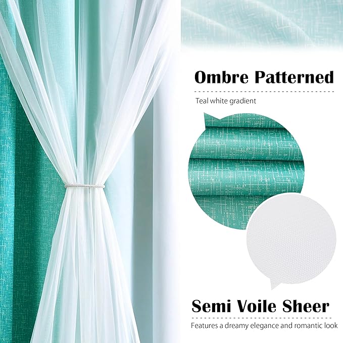100% Blackout Curtains with Sheer Overlay Mix and Match Double Layer Drapes 84 Inch Long 2 Panels for Bedroom Living Room Teal White Ombre Grommet Window Treatment with Tiebacks