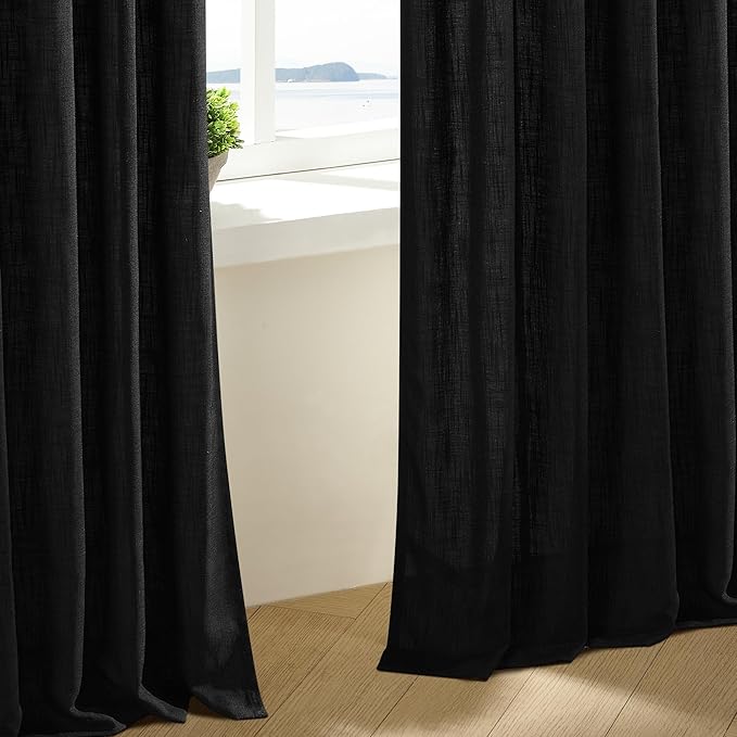 Black Pinch Pleated Linen Curtains 80 Inches Long for Living Room Bedroom Light Filtering Boho Window Drape 80 Inch 2 Panels with Hooks Rings Back Tab Sliding Glass Door Semi Sheer Curtain