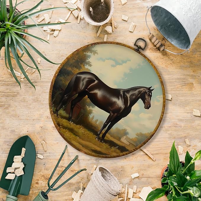 Hiuwevt Horse Round Wall Art Decor, Vintage Equestrian Horse Framed Canvas Prints, Retro Rustic Cottagecore Landscape Round Wall Hanging Decor for Bedroom Home Decorations, 10x10 Inches