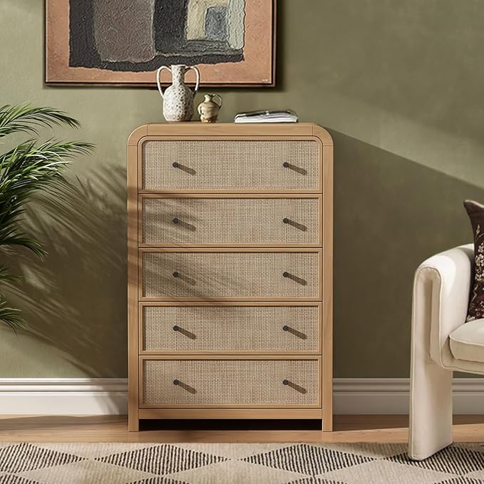 Oak&Sparrow 5 Drawer Tall Dresser for Bedroom, 47'' Rattan Dresser with Ample Storage, Boho Chest of Drawers, Thickened Curved Profile Design, Oak Dressers for Bedroom, Living Room