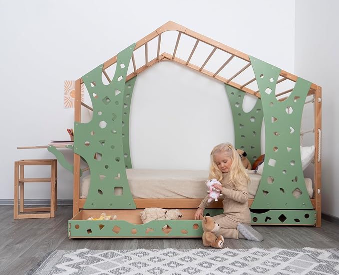 BUSY WOOD Monkey Bed – Twin Frame with Storage & Desk – Montessori Indoor Gym for Kids – Jungle Playground with Drawers & Foldable Table