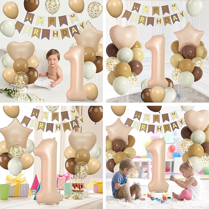 Brown Neutral 1st Birthday Decorations for Boys and Girls, Brown Beige Cream Balloons with 40 Inch Number 1 Foil Balloons Birthday Banner for 1 Year Old Boho Baby Shower Boho Party Decor