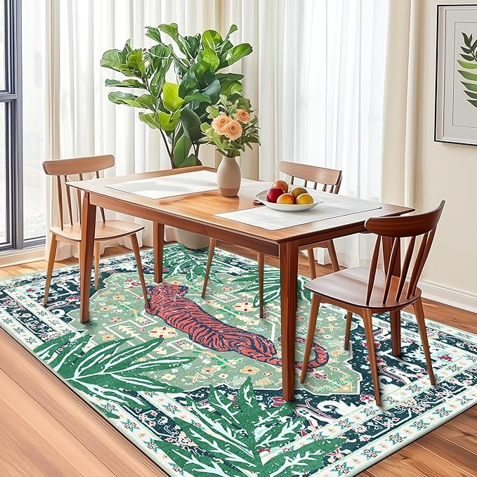6x9 Washable Non-Slip Green Tiger Rug for Living Room Bedroom Dining Room Neutral Vintage Tropical Animal Cheetah Print Jungle Rug Soft Cozy Woodland Large Carpet for Boys Room Playroom