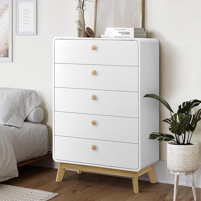 ELISA HOME Aries 5 Drawer Chest for Bedroom, Modern Wide Chest of Drawers, Wood Storage Organizer for Clothes, Entryway, Hallway, Nursery or Living Room, White