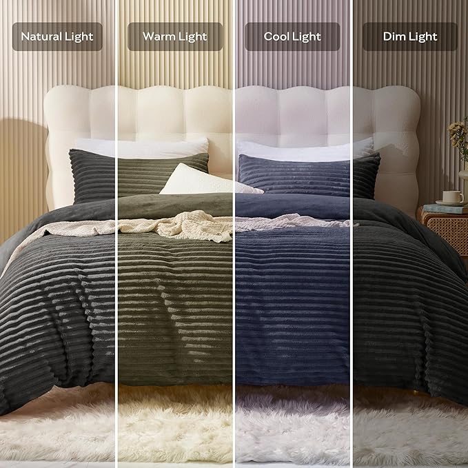 JELLYMONI Plush Duvet Cover Set - Twin Size Dark Gray Striped Fluffy Comforter Cover 2pcs Bedding Set Luxury Ultra Soft Faux Fur Duvet Cover with Zipper and 1 Pillowcase (NO Comforter)