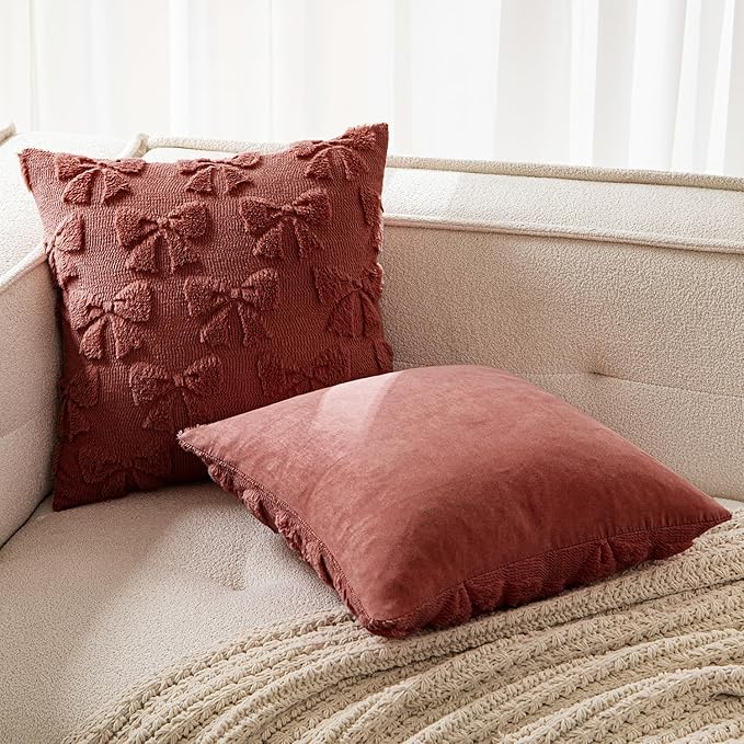 MIULEE Christmas Burgundy Bow Pillow Covers Coquette Room Decor Aesthetic Set of 2 Decorative Cute Girl Throw Pillow Soft Plush Faux Pillowcase for Girl Bed Couch Sofa,18x18 Inch