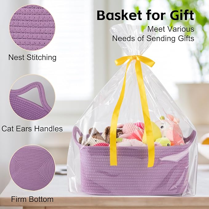 OIAHOMY Woven Basket, Gift Basket Empty with Gift Bags and Ribbons, Rope Baskets for Baby Showers, Storage Baskets with Handles for Nursery, Pet Toy Organizer - Lilac Purple