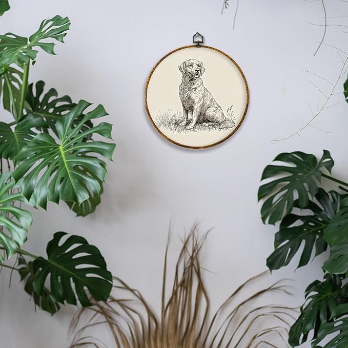 Hiuwevt Vintage Neutral Golden Retriever Round Wall Art Decor, Golden Retriever Gifts Framed Canvas Prints, Retro Sketch Dog Round Wall Hanging Decor for Home Bedroom Decorations, 10x10 Inches