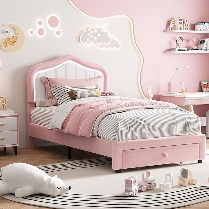 GarveeHome Upholstered Twin Bed Frame with Led Lights and Storage Drawer, Cute Velvet Led Bed Frame with Headboard for Kids, Girls, Boys, No Box Spring Needed, Wooden Slats, Noise Free, Pink