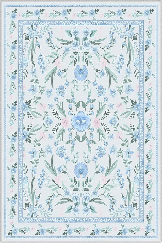 Blue Floral Rug 6x9, Washable Area Rug for Living Room, Cute Boho Non-Slip Soft Carpet for Kids Room, Nursery, Girls Bedroom or Office