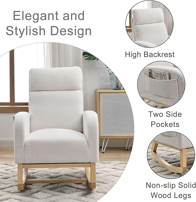 Nursery Rocking Chair with Solid Wood Legs, Glider Chair for Nursery with Two Side Pockets, Rocker Armchair for Living Room Bedroom (Ivory White, Teddy Fabric)