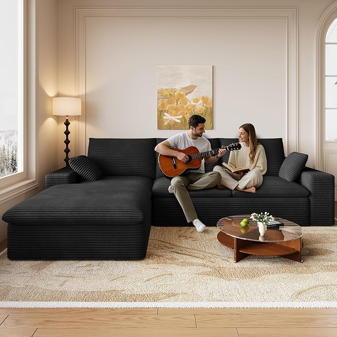 107 Inch Cloud Sectional Couch, Modern Modular Sectional Sofa with Deep Seat, Corduroy Boneless Couches with L-Shape Chaise for Living Room Bedroom, No Assembly Required (Black, Left Facing Chaise)