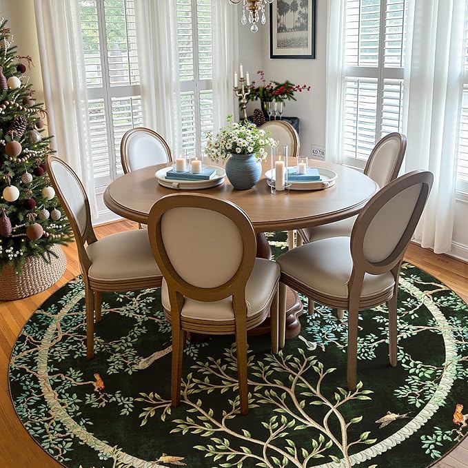 jinchan Yarden Christmas Round Rugs 8ft Moss Green Botanical Birds Print,Machine Washable 8' Circle Nature Plants Modern Soft Non-Slip Kids Throw Area Rugs, Low Pile Carpet for Living Room Bedroom