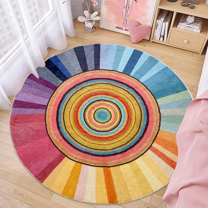 Kids Rug Circle Sun Rug 4Ft Round Modern Abstract Girls Bedroom Carpet Round Rainbow Nursery Mat Playroom Bedside Area Rug for Children Cartoon Crawling Mat for Home Decor