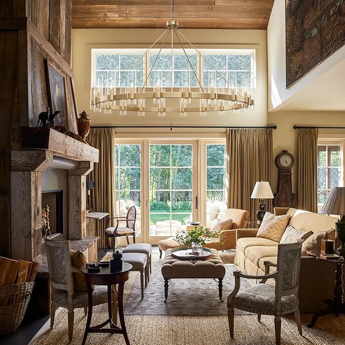 60 Inch Gold Chandelier, Wagon Wheel Chandelier with Glass Shade, 20-Lights Large Round Modern Farmhouse High Ceiling Pendant Lighting Fixture for Dining Room, Living Room, Kitchen, Foyer