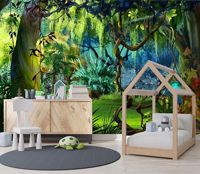 XMPMBM-Cartoon Plant Dreamy Forest Fabric Wallpaper Botanical Woodland Nursery Room Wall Mural-W 154" X H 105"（112 Square Foot）
