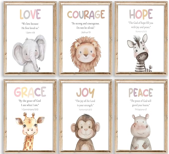 Safari Animal Bible Verse Nursery Wall Art Christian Picture Kids Room Wall Decor Uplifting Scripture Poster Hope Love Joy Jungle Animals Painting Canvas Print Artwork for Baby Room Playroom, Unframed