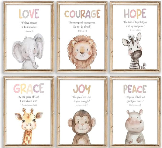 Safari Animal Bible Verse Nursery Wall Art Christian Picture Kids Room Wall Decor Uplifting Scripture Poster Hope Love Joy Jungle Animals Painting Canvas Print Artwork for Baby Room Playroom, Unframed