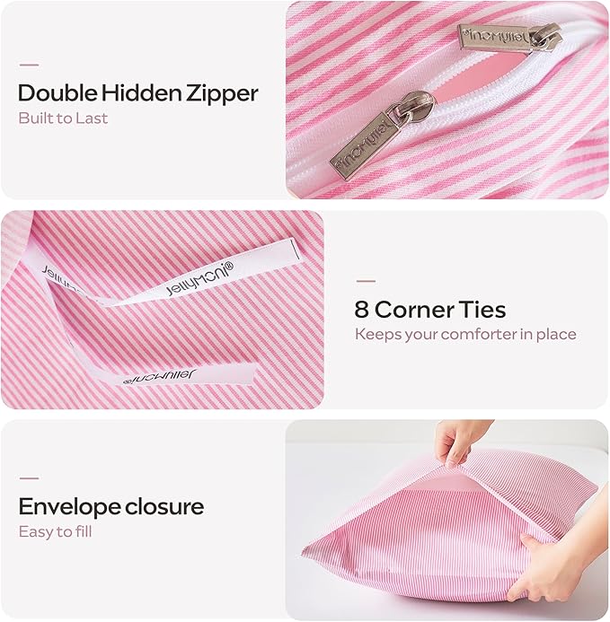 JELLYMONI 100% Natural Cotton 2pcs Striped Duvet Cover Sets,White with Pink Stripes Pattern Printed Comforter Cover,with Zipper Closure & Corner Ties(Twin Size)