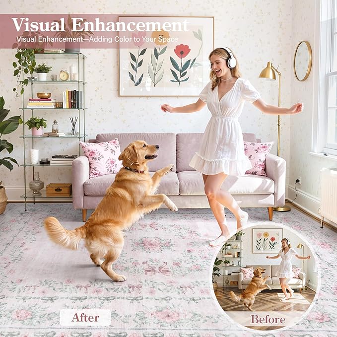 Wonnitar Floral Bow Rug for Girls Bedroom, Pink Area Rug 6x9 for Room Decor, Washable Ultra-Thin Non Slip Soft Boho Aesthetic Carpet for Baby Nursery Kids Room Living Room, Light Pink