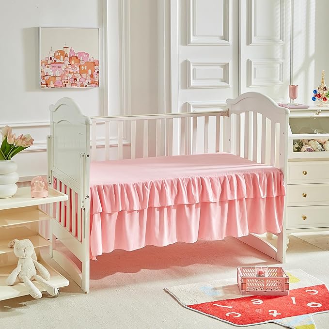 3 Pieces Flowers Crib Bedding Set Baby Ruffled Quilted Comforter with Fitted Sheet and Bed Skirt - Cute Ruffled Shabby Chic Baby Bedding Soft Blanket Floral Design