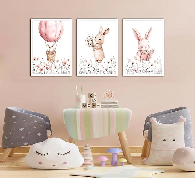 3Pcs Pink Nursery Bunny Wall art Hot Air Balloon Cute Rabbit Wildflowers Painting Pictures Wall Decor Easter Nursery Poster Print Artwork for Girls and Boys Kids Room Baby Room Decor Home Decoration