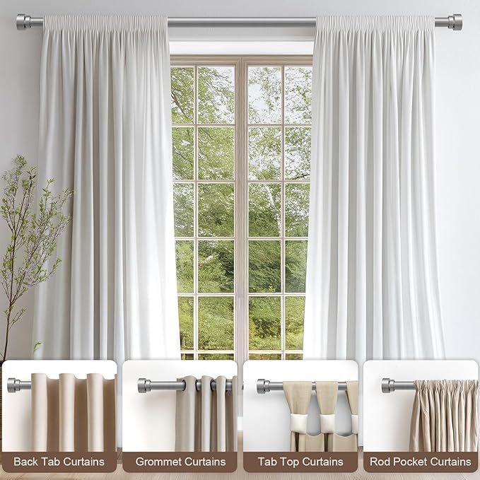 2 Pack Modern Silver Curtain Rods for Windows 66 to 120 Inches Adjustable Heavy Duty 1" Diameter Window Curtain Rod with Decorative Finials for Outdoor Bedroom Kitchen Living Room