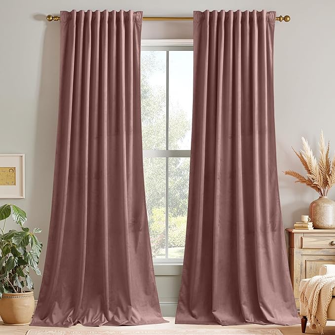 StangH Wild Rose Mauve Velvet Curtains 90 inches Long Living Room Thermal Insulated Window Drapes Privacy Protect Curtain for Nursery Kids Bedroom, W52 x L90, 2 Panels