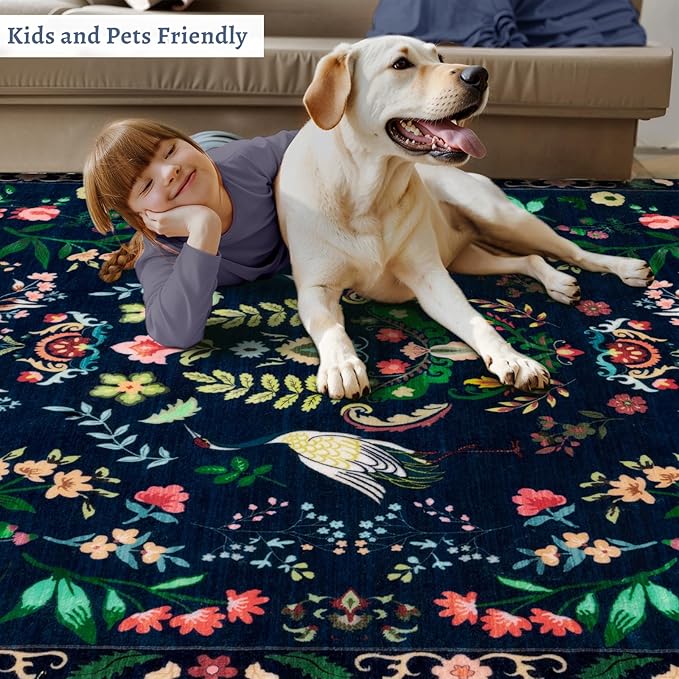 Tangsoo 5x7 Area Rug for Living Room Bedroom, Non Slip Machine Washable Boho Nature Floral Animal Rug, Low Pile Large Floor Carpet Indoor Mats for Kids Room, Farmhouse, Dining Room, Office(Blue)