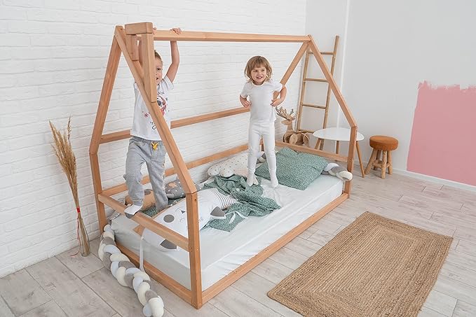 Montessori House Floor Bed - Toddler Floor Bed for Kids - King Low Kids Bedframe - Water Based Paint Used - 5 Sizes: Small, Twin, Full, Queen (Model 1)