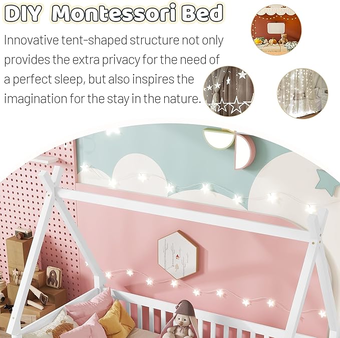 Twin House Bed Frame with Fence Rails and Door,Wood Montessori Floor Bed with Slats Support,Teepee Tent Beds Kids Bed Frames for Girls Boys, White