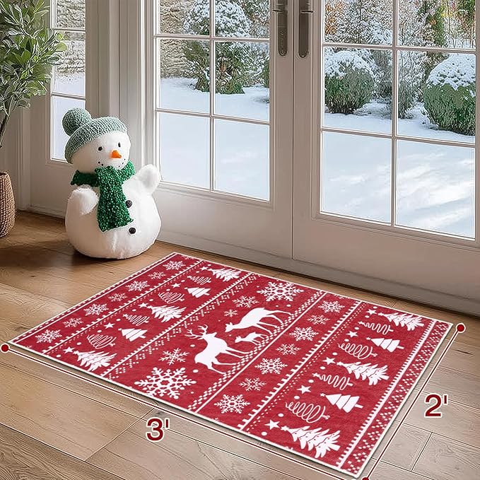 2x3 Machine Washable Christmas Area Rug, Non-Slip Small Christmas Entryway Rug for Front Door, Low Pile Indoor Door Mat for Entryway, Bedroom, Dining Room & Kitchen(2x3 Elk)