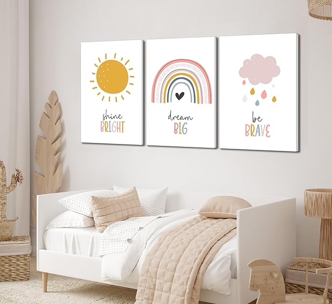 3 Pcs Boho Nursery Canvas Wall Art Dream Big Be Brave Shine Bright Bohemia Sun Rainbow Pictures Kids Wall Decor Poster Print Artwork for Boys Girls Bedroom Children Room Home Decoration