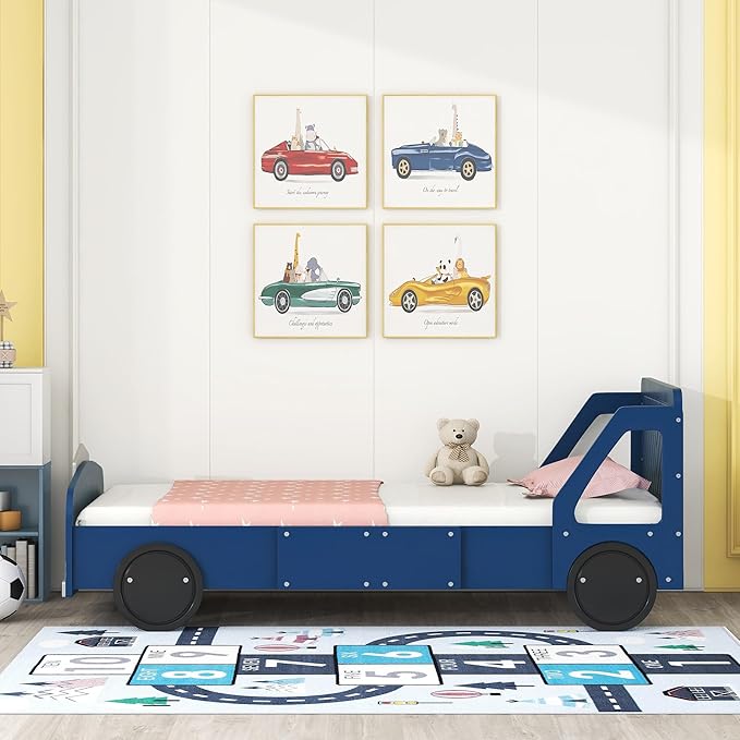 Twin Size Car-Shaped Platform Bed Frame for Boys Girls Kids Adults Toddler with Wheels,Blue