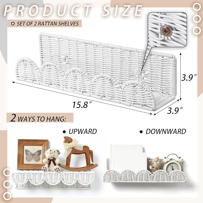 Pinkunn 4 Pcs Nursery Book Shelves 15.8 Inch Rattan Scalloped Floating Bookshelves Wicker Boho Book Shelf for Wall Mounted Decor Nursery Rooms Hanging(Cute)