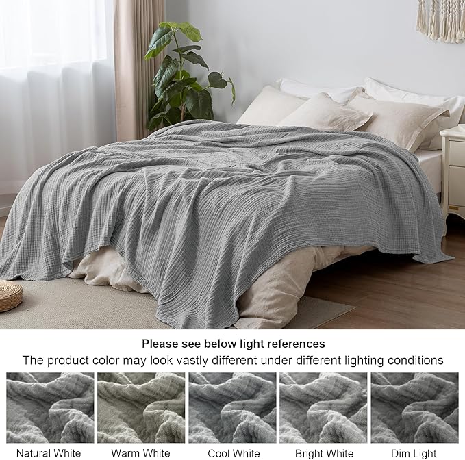 PHF 100% Cotton Muslin Throw Blanket 50" x 60", 4-Layer Lightweight Gauze Throw, Breathable Cloud-Soft Minimalist Blanket for Bed, Couch, Camping & Baby, Grey, Ideal Gift