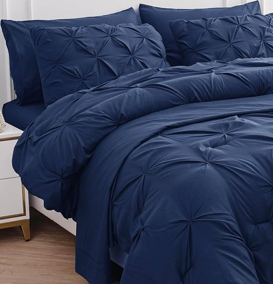 Lane Linen 7 Piece Full Size Bedding Comforter Set, Soft Pintuck Bed in a Bag With Sheets, Pillowcases & Shams - Navy Blue