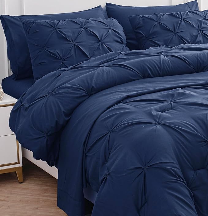 LANE LINEN California King Comforter Set, 7 Piece Cal King Bed in a Bag, Pintuck Cal King Bedding Set, Soft Cali King Bed Set, Cal King Bed Comforter Sets with Sheets, Pillowcases & Shams - Navy Blue