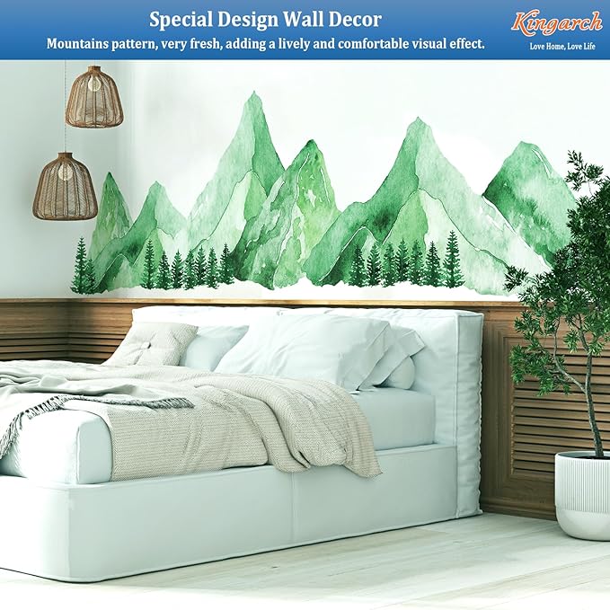 Large Mountain Wall Decals, Teal Green Pine Tree Peel and Stick Vinyl Wall Stickers & Murals, Removable Home Room Wall Decor for Bedroom Living Room Bedroom Classroom Office Nursery