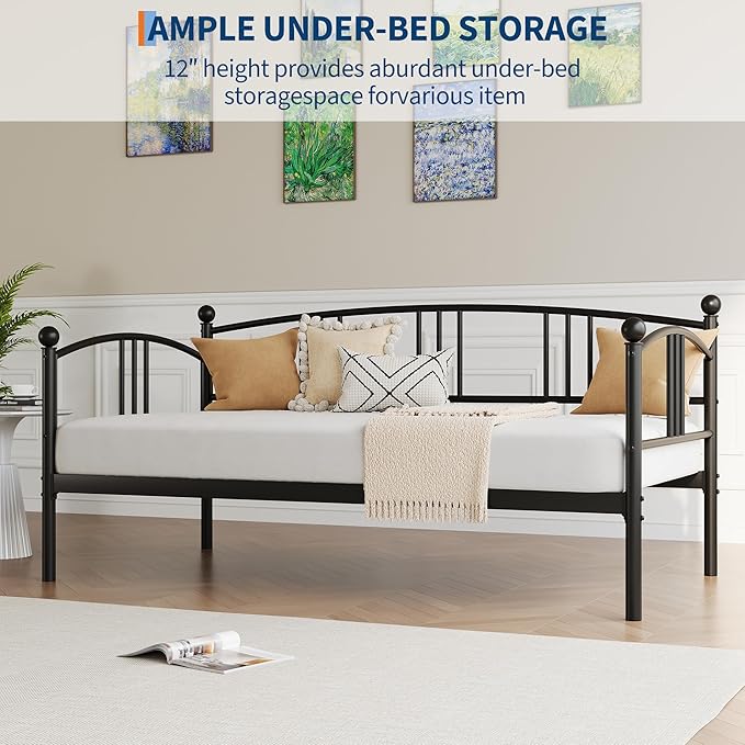 GarveeHome Twin Daybed, Sturdy Metal Day Bed with Steel Slat Support, Arched Headboard Sofa Bed for Living Room, Bedroom and Guest Room, Black