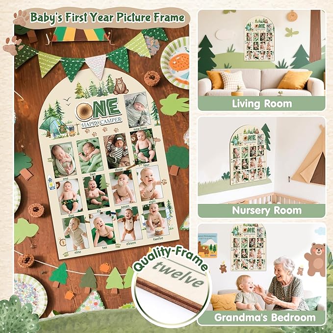 R HORSE My First Year Photo Display Wood Board - 3D One Happy Camper Baby's First Year Picture Frame, 12 Months Camping Milestone Board Neutral Keepsake Gift 1st Birthday Nursery Decor for Boy Girl