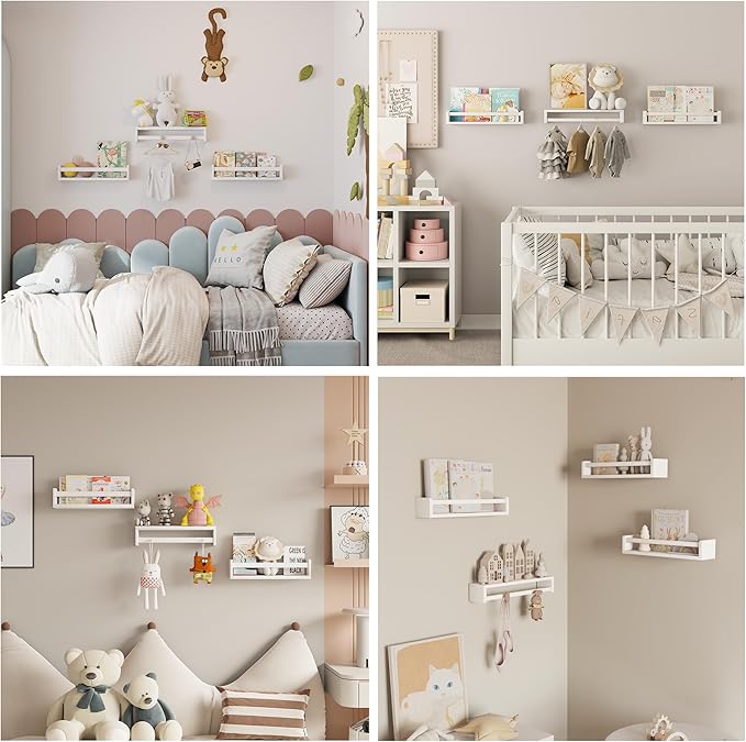 Heimlove Nursery Floating Shelves, Solid Wood Nursery Book Shelves for Wall, 16 inch Bookshelf for Kids, Wall Mounted Shelves for Books,Toys and Decor Storage, Set of 2 (White)