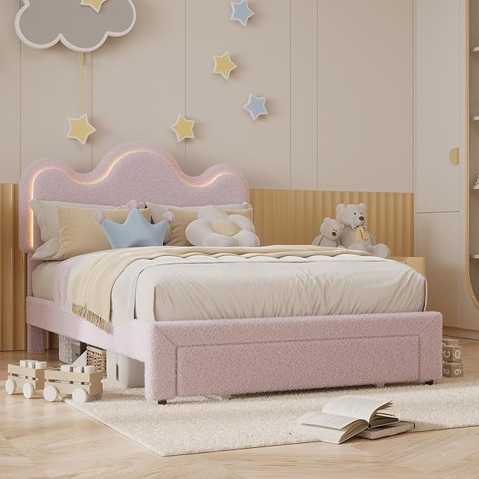 FULL Upholstered LED Bed Frame with Storage Drawers Girls Bed with flower Headboard Boucle Princess Platform Bed Frame for Kids/Girls Strong Wood Slat Support,No Box Spring Needed,Easy Assembly