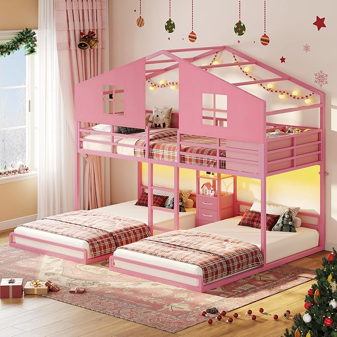 BTHFST Triple Bunk Bed Twin Size with House, 4 Storage Drawers, Charging Station and LED Lights, Metal Kids Bunk Bed with 13.4" H Safety Guardrail and Play Curtain, DIY House Shaped Bed, Pink