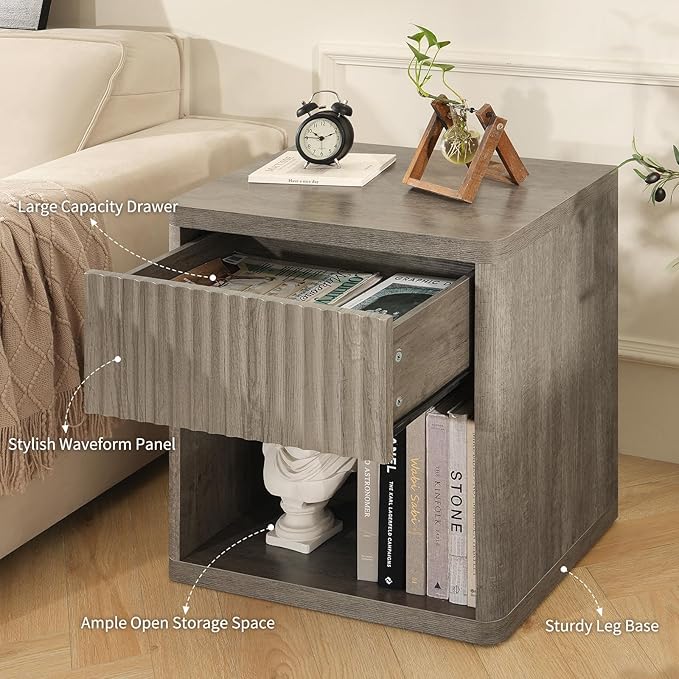 Night Stand Fluted Nightstand with Drawers, Wood Bedside Table with Storage Shelf, Bed Side Table for Bedroom, End Tables Living Room, Modern Nightstands Night Stands, Sofa Side Tables, Grey