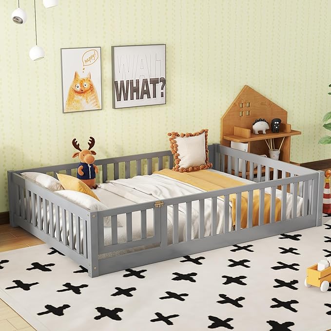 Bellemave Full Size Floor Bed Frame with Fence and Door for Kids, Montessori Floor Bed with Slats and Safety Guardrails,Solid Wood Full Bed Frame for Girls Boys,Grey
