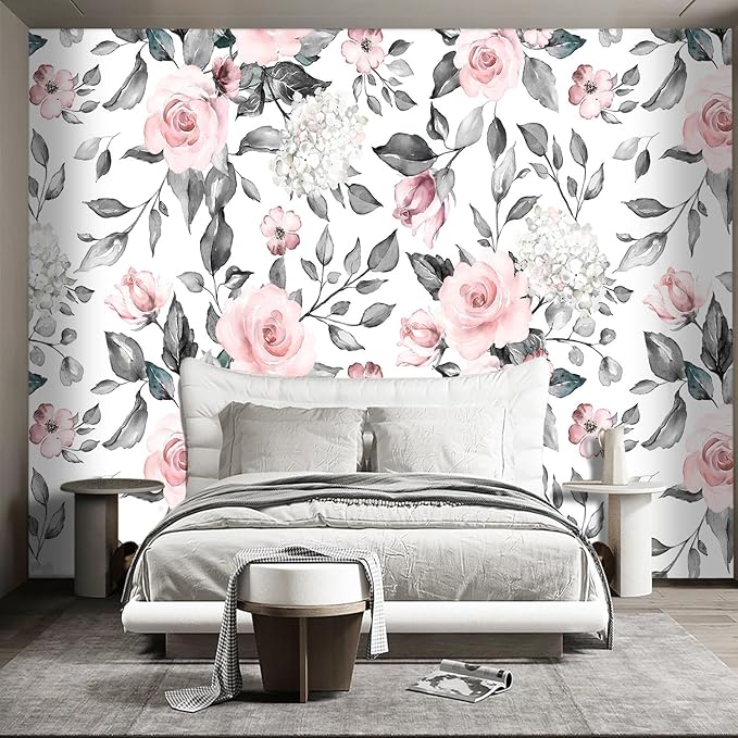 Grey Leaf Pink Flowers Mural Bedroom Floral Wallpaper Room Decor Living Room tv Background Large Wall Mural - 160"x108" (Not Peel and Stick)
